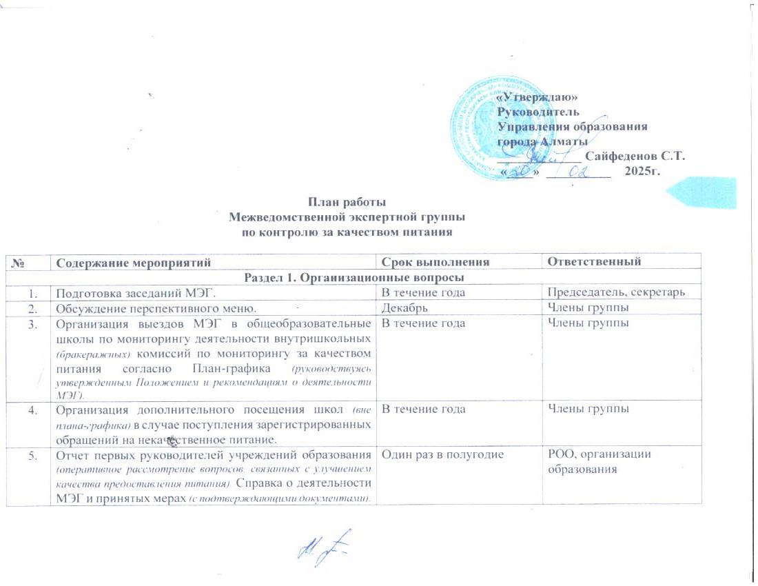 План работы Межведомственной группы